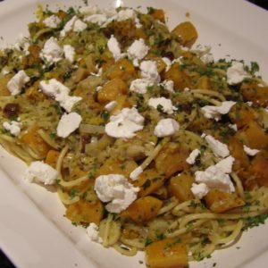 Bucatini Pasta with Roasted Chestnuts, Butternut Squash and Goat Cheese