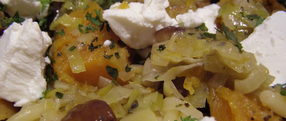 Bucatini Pasta with Roasted Chestnuts, Butternut Squash and Goat Cheese